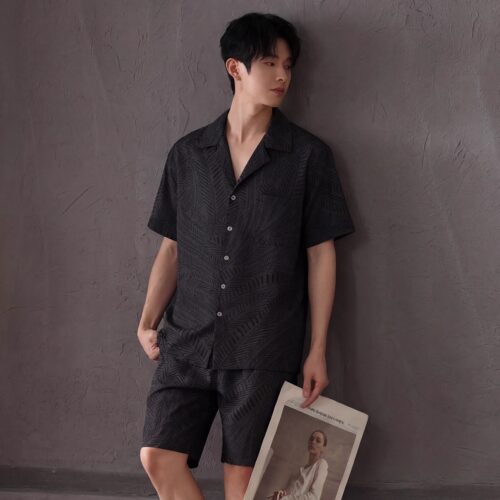 【冰丝】清凉夏季男士睡衣短袖出门可外穿家居服-25049稻花