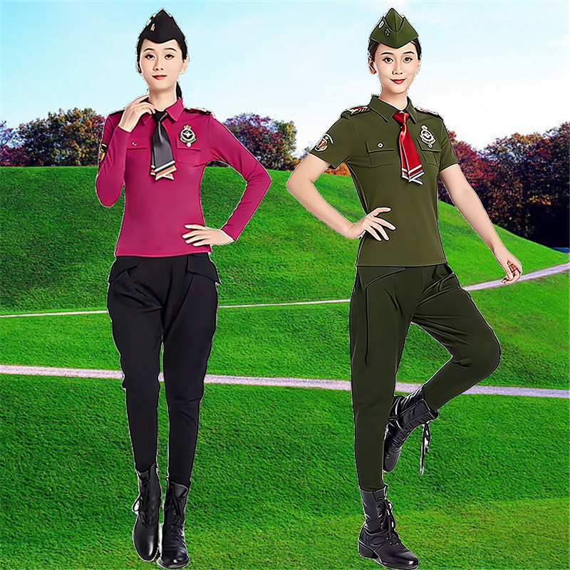 新款军绿弹力显瘦广场舞套装女