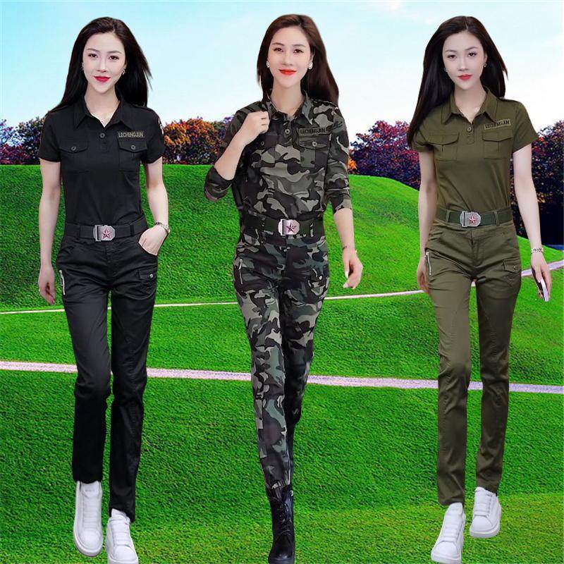 迷彩服女长袖翻领t恤春秋季新款时尚休闲运动长裤黑色减龄款套装
