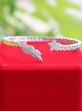 军旅通体银实心手镯微镶钻五星雕刻麦穗开口手链军恋情侣朋友礼物