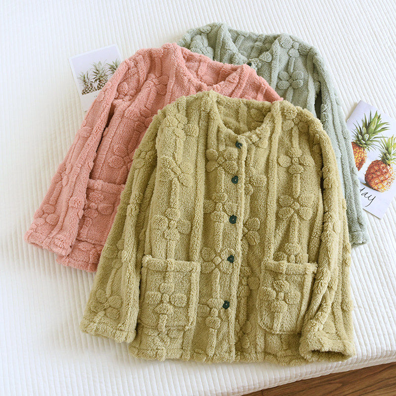 秋冬法兰绒上衣长袖加绒加厚珊瑚绒圆领开衫外套纯色提花暗格保暖,女士内衣/男士内衣/家居服,保暖上装,淘宝优惠券,粉丝福利购,淘宝优惠卷