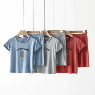 男孩薄款家居服青少年空调服冰丝夏款男童莫代尔睡衣儿童短袖套装