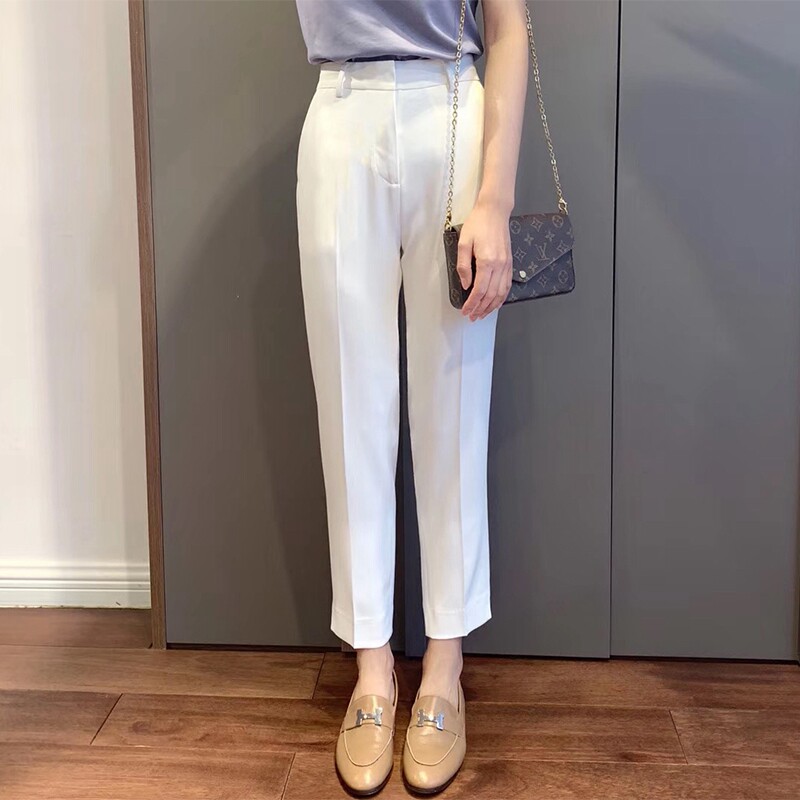 日系白色三醋酸西装裤女夏季薄款高腰显瘦垂感直筒九分哈伦烟管裤