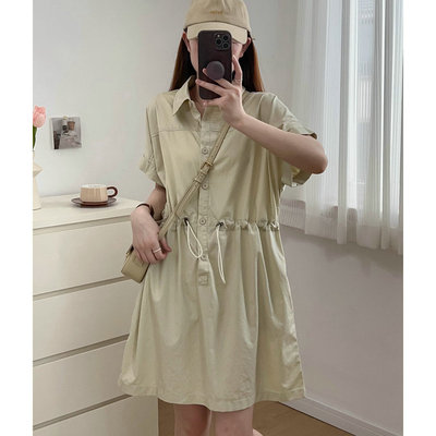 日系polo翻领工装连体裤女夏季薄款抽绳收腰宽松减龄阔腿连衣短裤