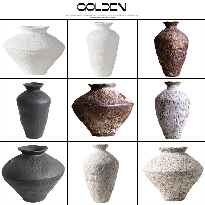 侘寂风陶瓷花瓶复古做旧新中式桌面摆件家居样板间客厅花器装饰品,家居饰品,花瓶,淘宝优惠券,粉丝福利购,淘宝优惠卷