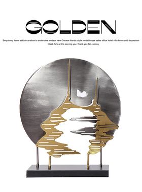 新中式创意金属屏风铁艺摆件样板房售楼部酒店博古架玄关桌面装饰