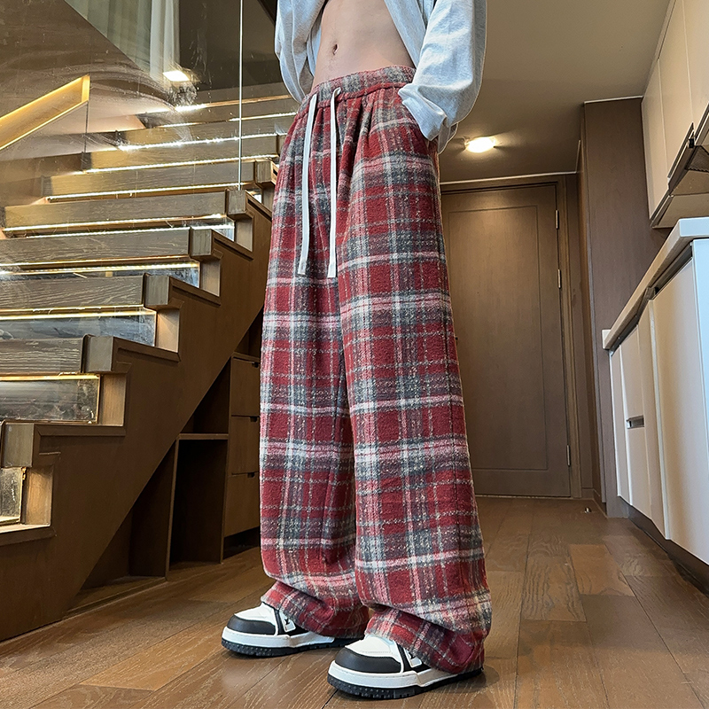 清仓捡漏格子裤男春秋款潮流复古宽松直筒裤美式垂感阔腿休闲长裤