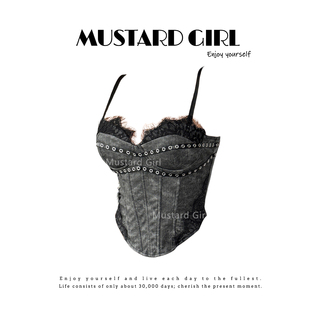 辣妹风重工蕾丝睫毛花边钢圈鱼骨束腰吊带背心女秋内搭带胸垫上衣