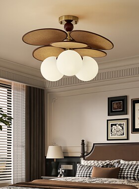 中古风卧室吸顶灯复古魔豆餐厅书房灯法式奶油风2026新款藤编灯具