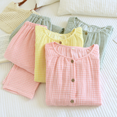 秋冬纯棉睡衣女加厚长袖 100%全棉家居服套装 套装 四层纱布格子开衫