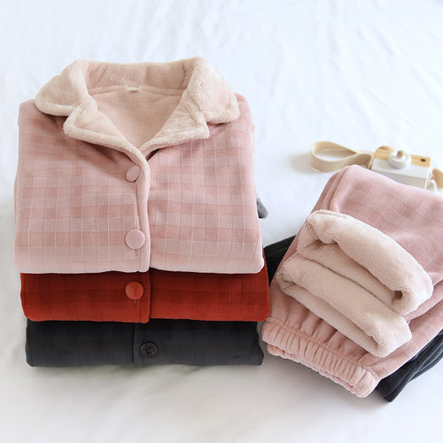 珊瑚绒秋冬天格子新款情侣睡衣