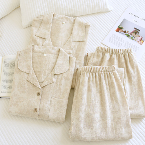 亚麻情侣睡衣女春秋2026新款纯棉长袖套装纯色简约夏季男士家居服