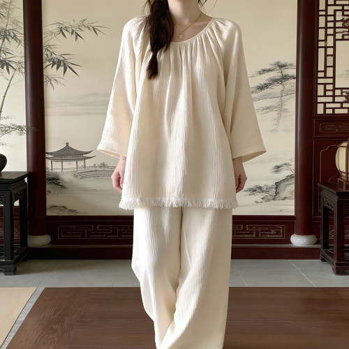 纯棉纱布睡衣女春秋季2026新款薄夏天套头套装100%全棉纯色家居服