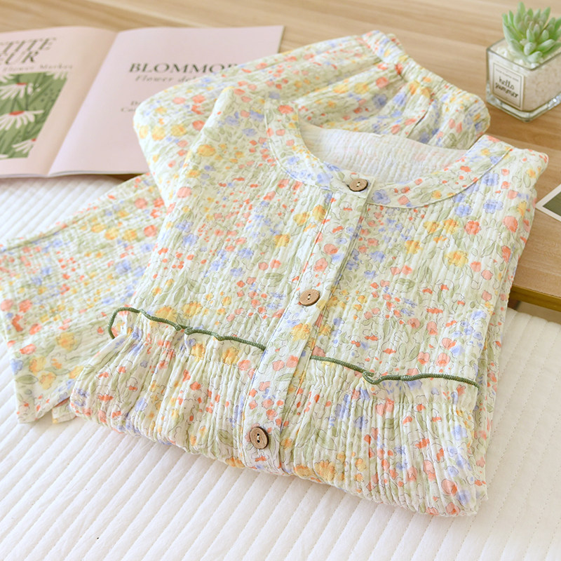 田园风睡衣女春秋纯棉双层纱布圆领长袖口袋2026新款夏开衫家居服