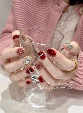 kira日式超薄假指甲贴片 网红款红色小花猫眼钻石 手工定制穿戴甲