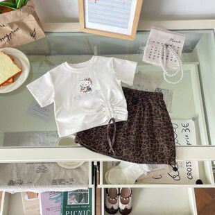 DZ26035女童童套装2026夏季新品儿童卡通短袖T恤豹纹短裙两件套