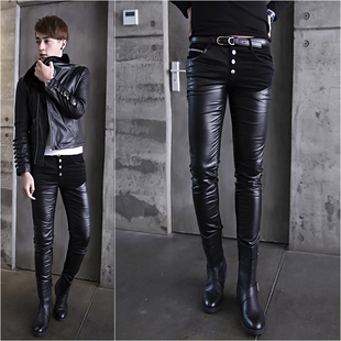 男士 紧身显瘦加绒保暖机车潮流皮裤 修身 秋冬韩版 小脚拼接皮裤 皮裤