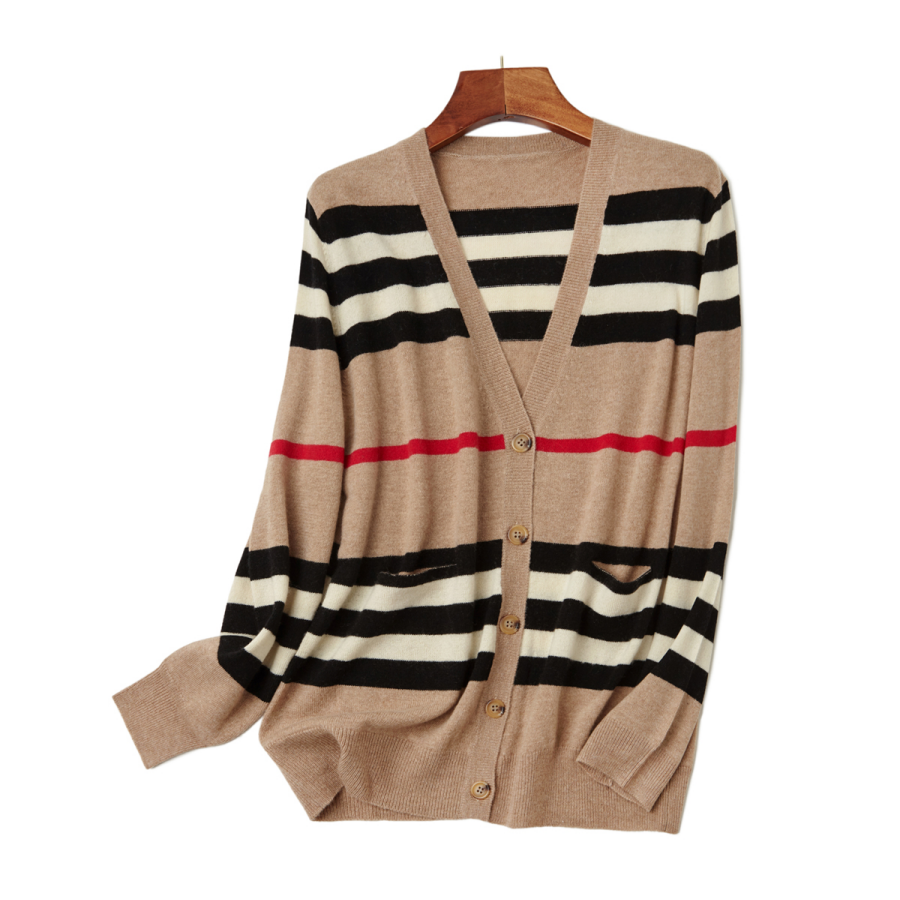 经典英伦风V领系扣条纹开衫女休闲显瘦百搭山羊绒羊毛针织衫外套