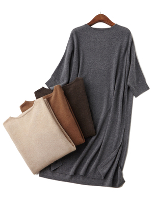 七分袖下摆开叉圆领纯羊绒连衣裙