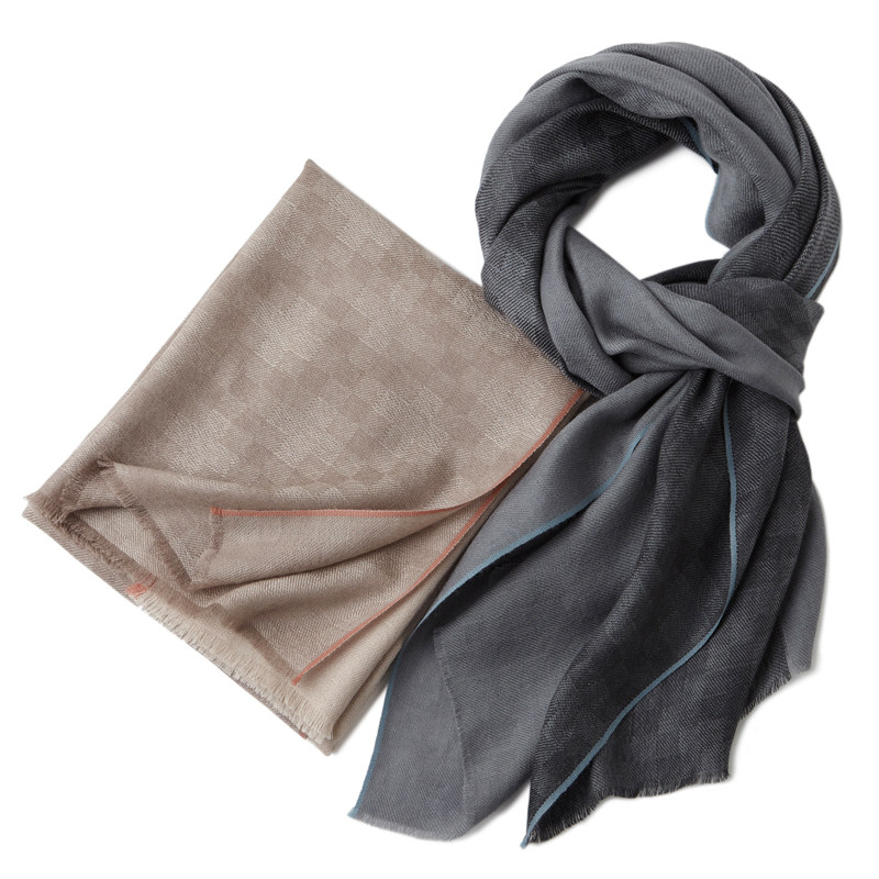 高奢订单款男士高端薄款纯山羊绒短须围巾棋盘格商务休闲高档围脖