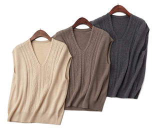 法国订单100%山羊绒秋冬女大码 V领套头宽松坎肩叠穿马甲针织背心