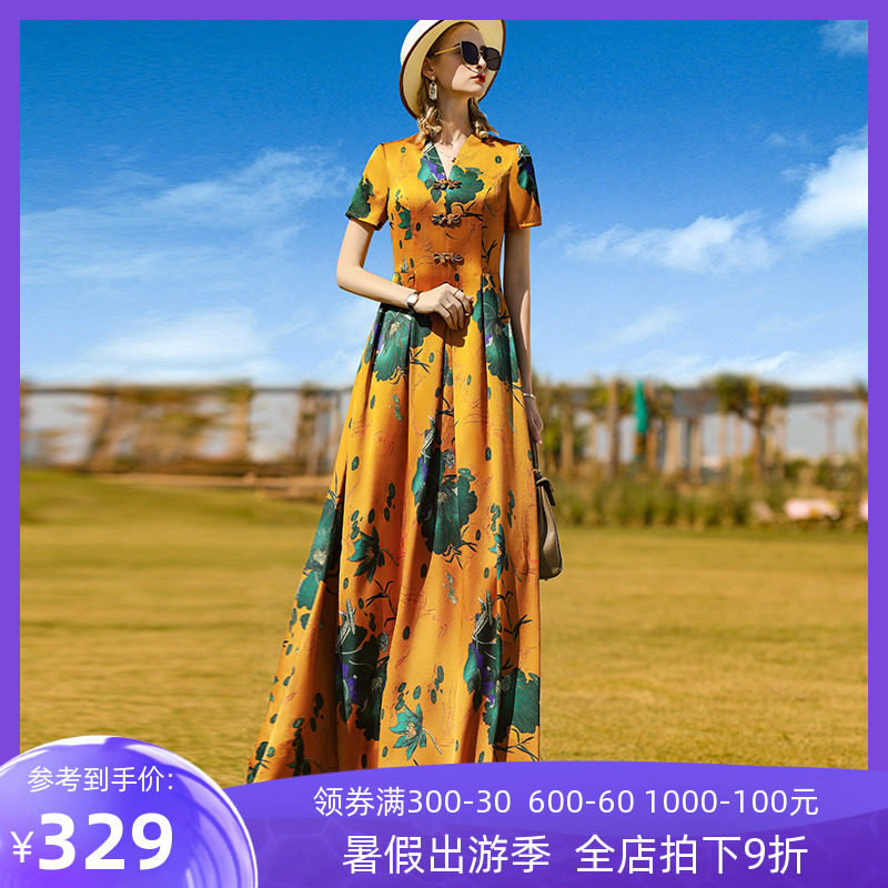 帝弗润驰2023夏装新款高贵典雅复古印花新中式改良旗袍连衣裙长款