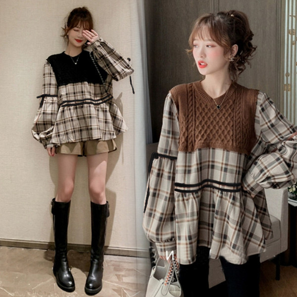 임산부 가을 의류 세트는 패셔너블하고 패셔너블하며 작은 격자 무늬 탑 봄 가을 베이비돌 셔츠 가을 투피스 세트입니다