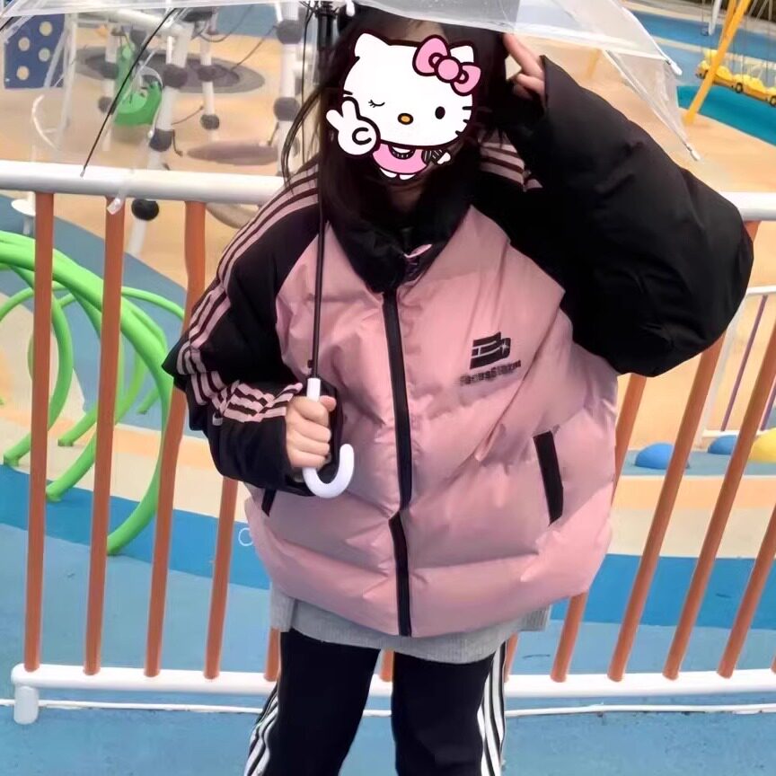 国潮美式风拼色条纹棉衣棉服女2024冬季装情侣加厚面包服百搭外套
