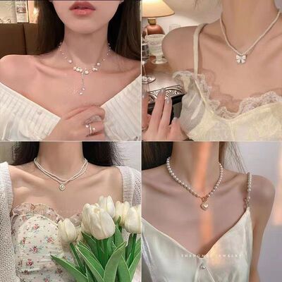 YH~轻奢珍珠项链女ins小众设计爱心流苏锁骨链百搭高级感蝴蝶颈链