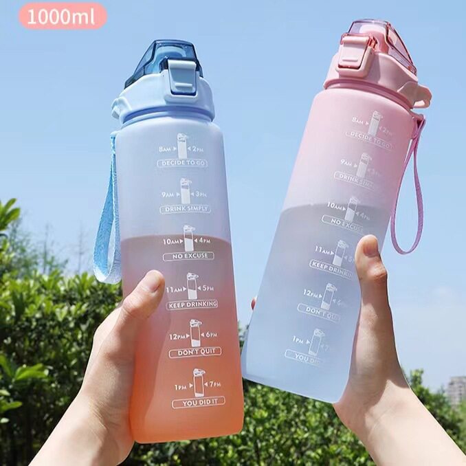 大容量1000ml运动渐变色磨砂水壶塑料水杯便携太空杯高颜值健身杯