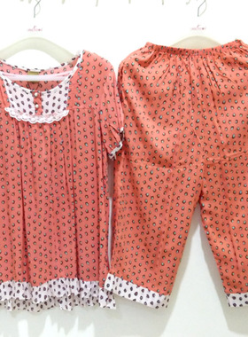 升派女士睡衣夏季梭织棉短袖七分裤加肥加大码夏天薄款家居服套装