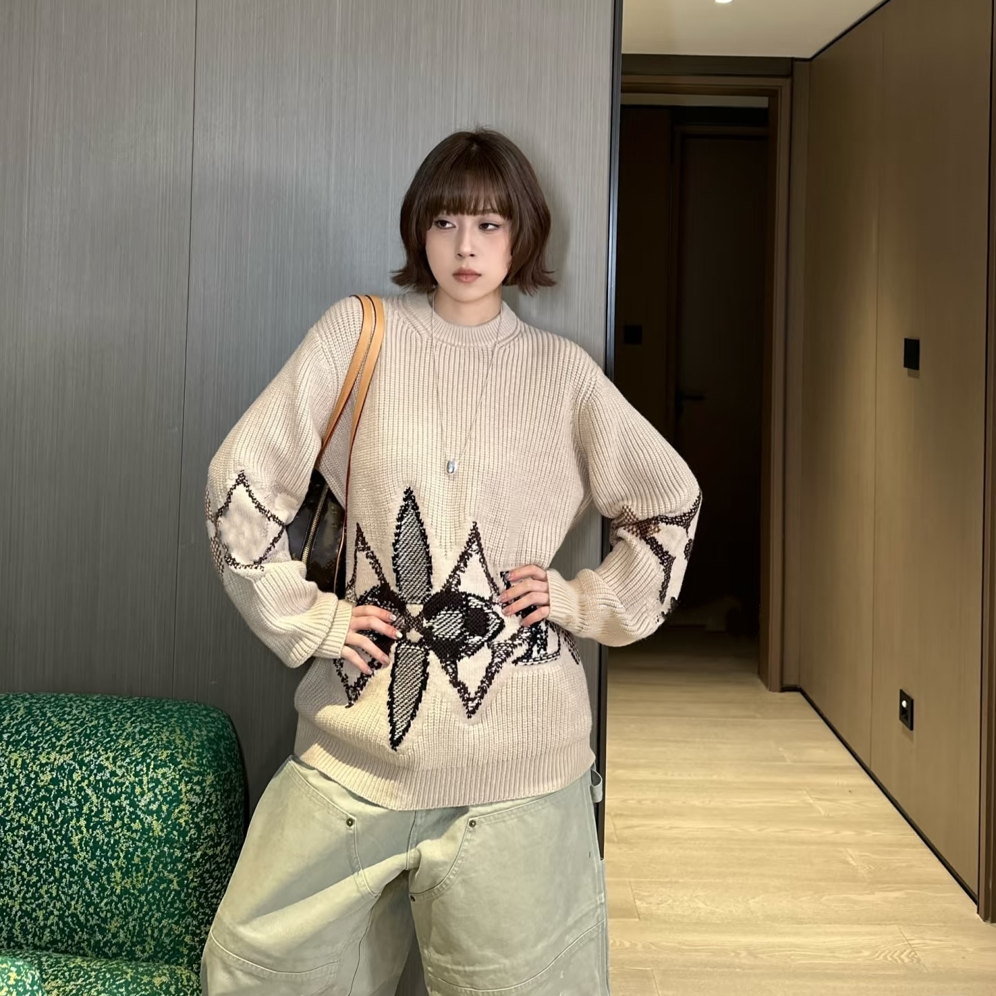 南油毛衣女复古几何图案套头长袖中长款保暖毛线衣宽松慵懒风毛衣