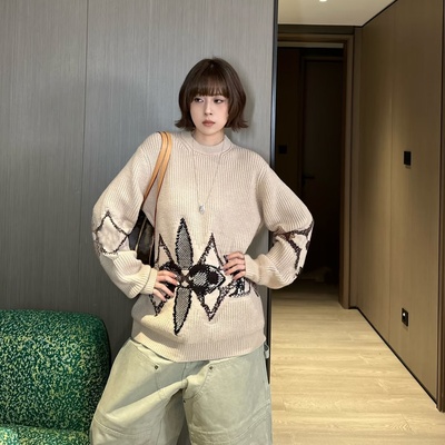 南油毛衣女复古几何图案套头毛衣