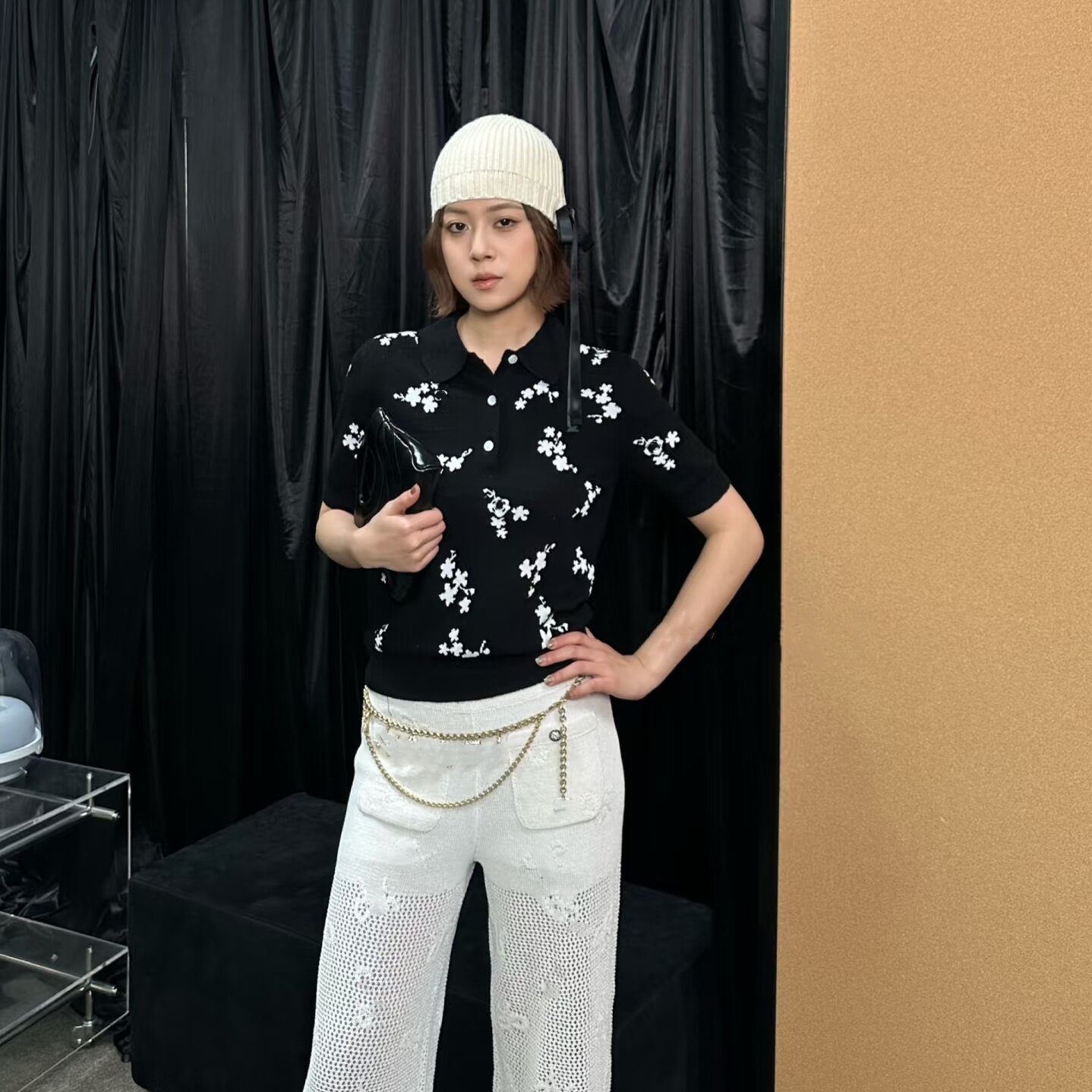 小香风黑色碎花POLO领短袖针织衫女花卉刺绣百搭显瘦套头翻领上衣