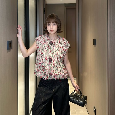 小香风羊绒粗针开衫马甲女秋冬季