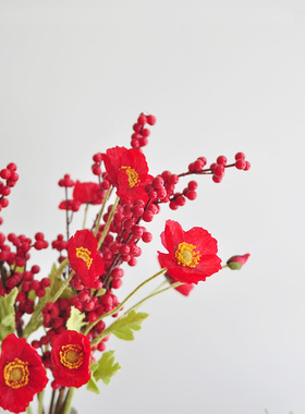 清货 红色节日花材 仿真花小虞美人与冬青 桌摆花装饰