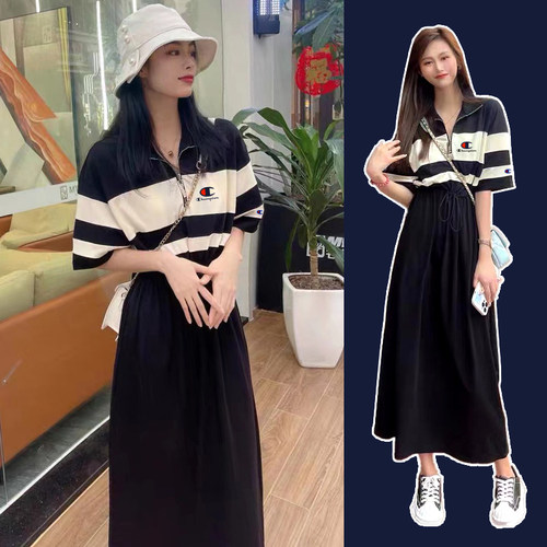 休闲纯棉收腰显瘦拼色连衣A字裙