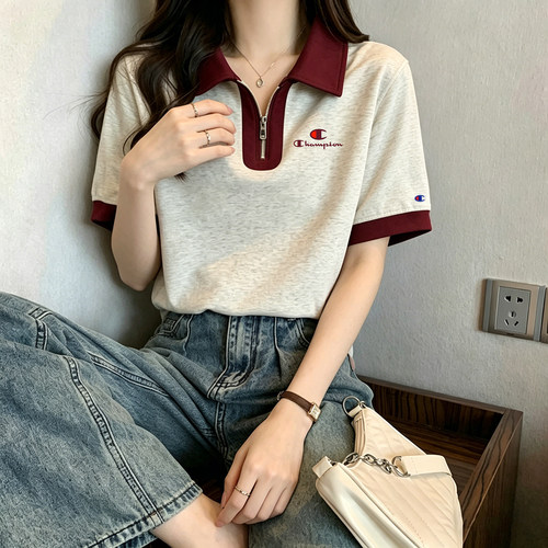 学院风撞色短款Polo领短袖t恤女