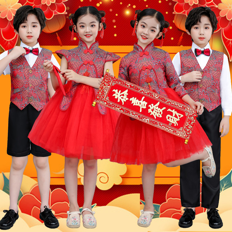 国庆儿童演出服小学生红色合唱团中国风喜庆舞蹈蓬蓬纱裙表演服装