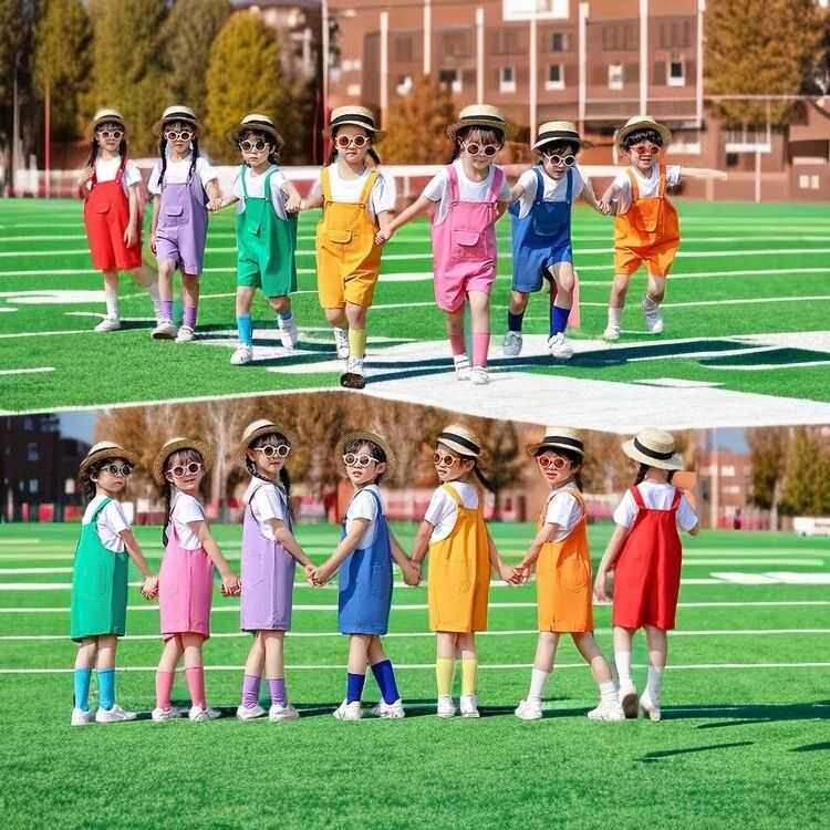 六一儿童表演服装幼儿园糖果色背带裤啦啦队演出服毕业季拍照班服