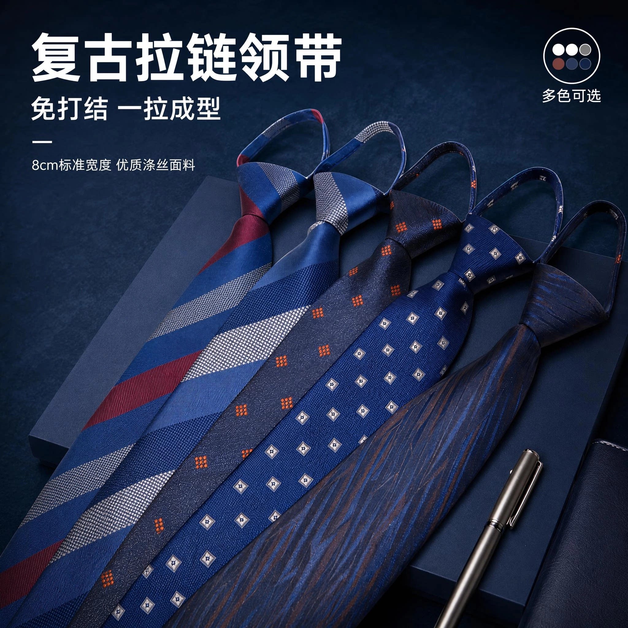复古商务领带男正装免打结拉链式条纹印花西服配饰通勤领带一拉得