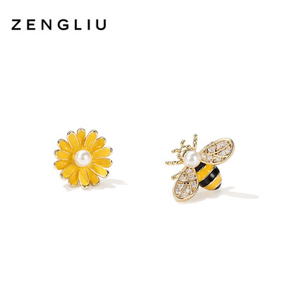 ZEGL小雏菊蜜蜂夏日耳钉女睡觉免摘高级花朵新款小众耳环银针耳饰
