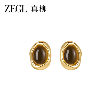 ZEGL真柳虎眼石耳钉女轻奢高级气质大气秋冬耳环复古美拉德耳饰