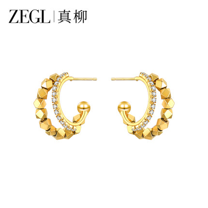 ZEGL真柳小众独特双层方块耳环女轻奢高级设计感耳钉新款金色耳饰