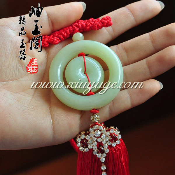 岫玉阁专柜正品中国结黄白老玉平安扣 车挂 汽车挂饰 附证书4077