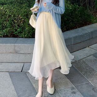 欧根纱不规则半身裙女春夏小个子高腰a字裙洋气百褶中长裙子女装