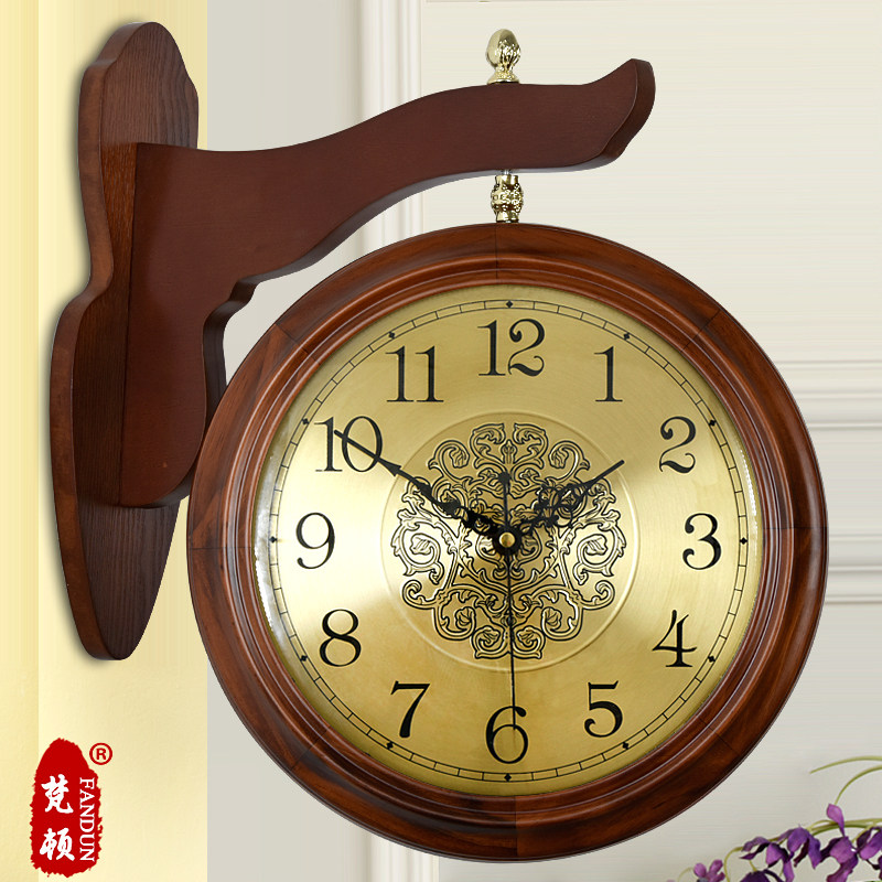 实木双面客厅钟表创意两面挂钟美式田园石英钟欧式现代静音大号表