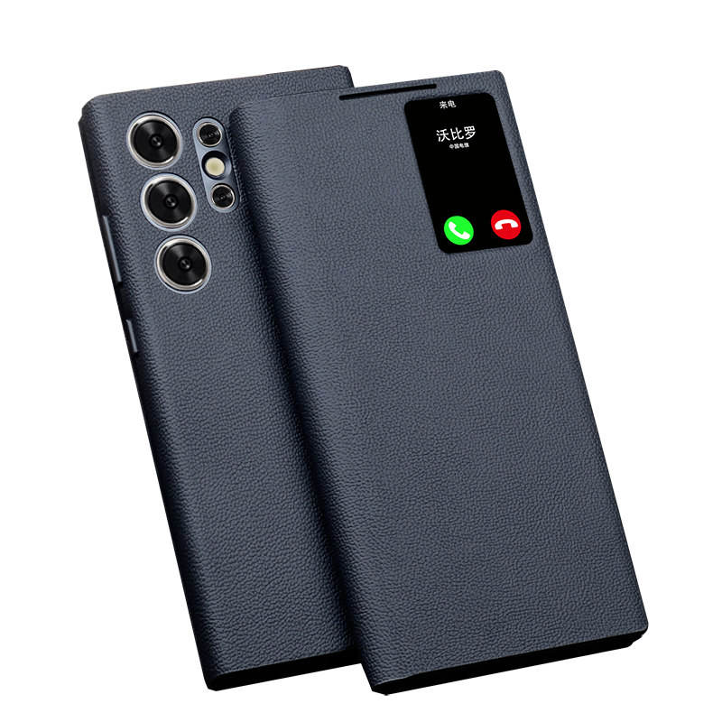 沃比罗适用三星GalaxyS24Ultra手机壳真皮翻盖式插卡智能视窗保护套男商务高档皮套全包防摔壳新款免翻盖接听