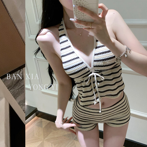 泳衣女条纹性感纯欲风保守两件套