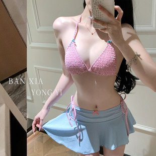 绝美粉蓝绑带小胸少女分体比基尼泳衣甜辣三件套温泉海边度假泳装